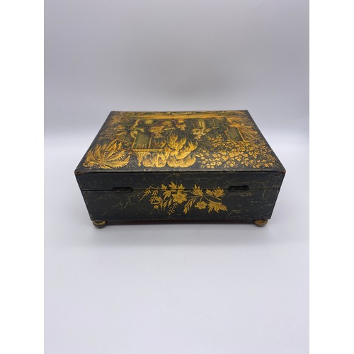 584 - 19TH CENTURY LACQUERED CHINOISERIE  SARCOPHAGUS GAMING TOKEN BOX 
CONTAINING MOTHER OF PEARL DISC, T... 