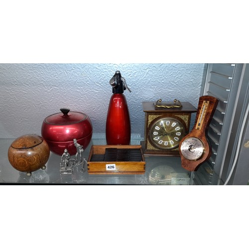 426 - SODA SIPHON, RETRO ICE BUCKET, GLOBULAR TEA CADDY, PEWTER FIGURES, CLOCK AND BAROMETER