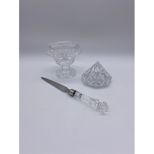 580 - WATERFORD PRISM PAPERWEIGHT, PEDESTAL TURN OVER BOWL AND CRYSTAL MOUNTED PAPER KNIFE