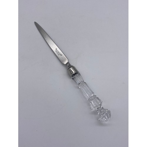 580 - WATERFORD PRISM PAPERWEIGHT, PEDESTAL TURN OVER BOWL AND CRYSTAL MOUNTED PAPER KNIFE