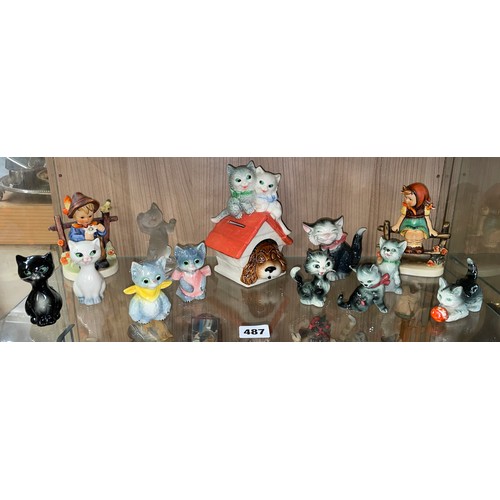 487 - MJ HUMMEL AND GOEBEL CAT FIGURE GROUPS INCLUDING MONEY BANK AND CRUETS