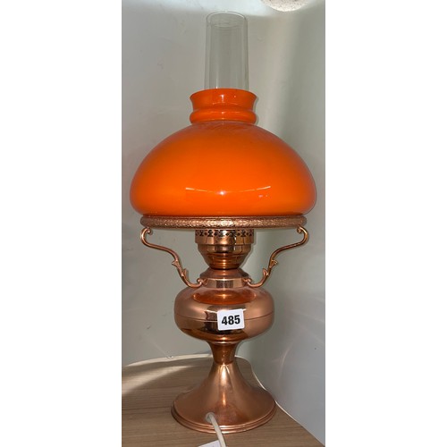 485 - COPPER ELECTRIFIED OIL LAMP WITH ORANGE SHADE