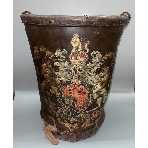 570 - DISTRESSED ANTIQUE LEATHER BUCKET WITH ROYAL COAT OF ARMS