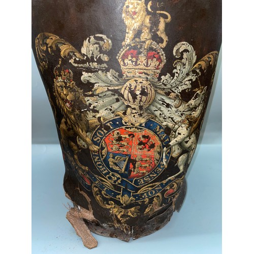 570 - DISTRESSED ANTIQUE LEATHER BUCKET WITH ROYAL COAT OF ARMS