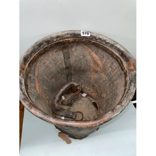 570 - DISTRESSED ANTIQUE LEATHER BUCKET WITH ROYAL COAT OF ARMS