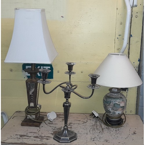 423 - THREE BRANCH CANDELABRUM, OVOID TABLE LAMP AND MIRROR PANELLED LAMP