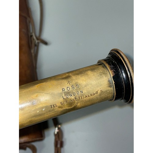 605 - BRASS LAQUERED AND LEATHER CASED FIELD TELESCOPE BY ROSS OF LONDON TEL. SIG. (MKII) ALSO G.S 151