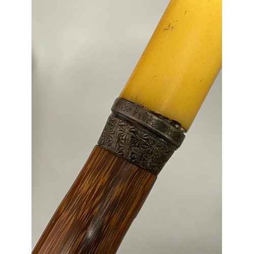 609 - ENGRAVED STERLING SILVER BANDED BAMBOO WALKING CANE