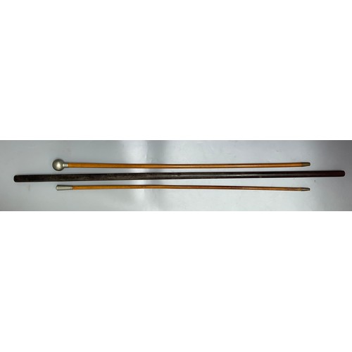 607 - TWO METAL MOUNTED MILITARY SWAGGER STICKS AND SERGEANT MAJORS ROD