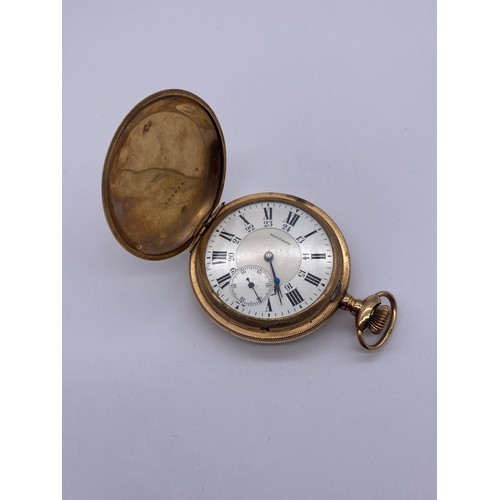 341 - CASHIER GOLD PLATED AND ENGRAVED FULL HUNTER WALTHAM POCKET WATCH WITH ENAMEL DIAL WITH ROMAN AND AR... 