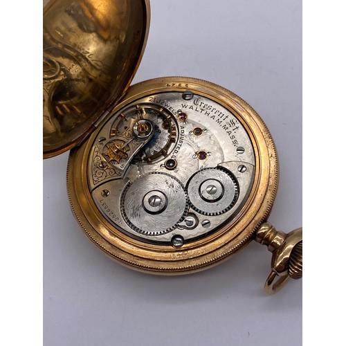 341 - CASHIER GOLD PLATED AND ENGRAVED FULL HUNTER WALTHAM POCKET WATCH WITH ENAMEL DIAL WITH ROMAN AND AR... 