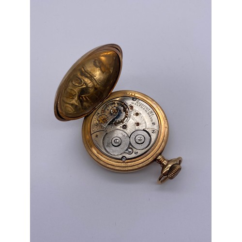 341 - CASHIER GOLD PLATED AND ENGRAVED FULL HUNTER WALTHAM POCKET WATCH WITH ENAMEL DIAL WITH ROMAN AND AR... 