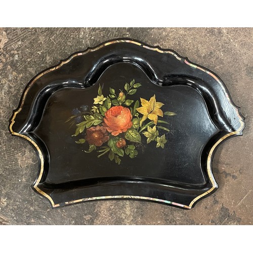 619 - VICTORIAN JENNENS AND BETERAGE PAINTED AND ABALONE SHAPED TRAY