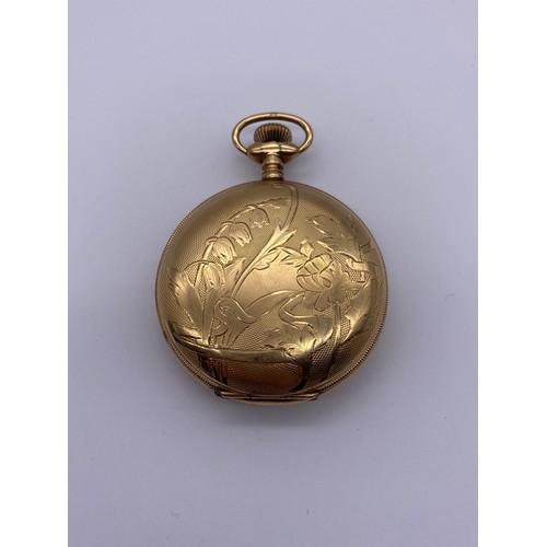 341 - CASHIER GOLD PLATED AND ENGRAVED FULL HUNTER WALTHAM POCKET WATCH WITH ENAMEL DIAL WITH ROMAN AND AR... 