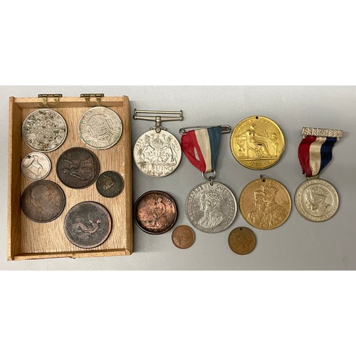 669 - WWII DEFENCE MEDAL, COMMEMORATIVE MEDALLION, CORONATION GEORGE VI MEDALLION, AND OTHERS