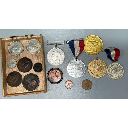 669 - WWII DEFENCE MEDAL, COMMEMORATIVE MEDALLION, CORONATION GEORGE VI MEDALLION, AND OTHERS