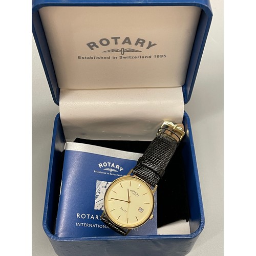 675 - BOXED 9CT GOLD ROTARY ELITE WRISTWATCH ON LEATHER STRAP