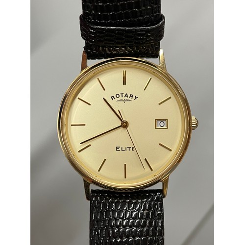 675 - BOXED 9CT GOLD ROTARY ELITE WRISTWATCH ON LEATHER STRAP