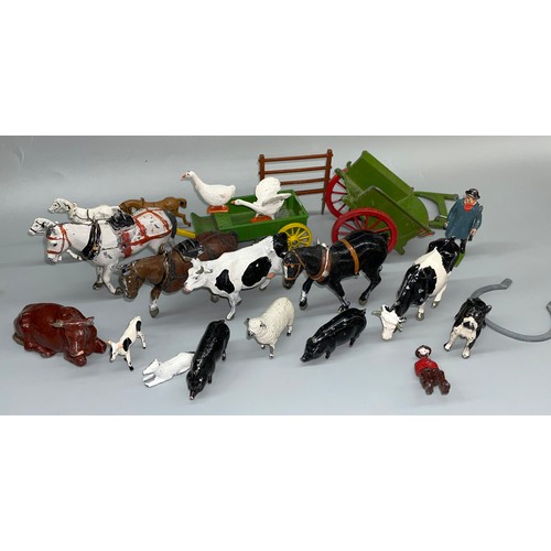 683 - SMALL TUB OF COLD PAINTED METAL HORSES AND FARM ANIMALS, CARRIAGES