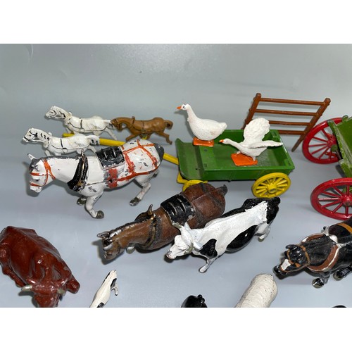 683 - SMALL TUB OF COLD PAINTED METAL HORSES AND FARM ANIMALS, CARRIAGES