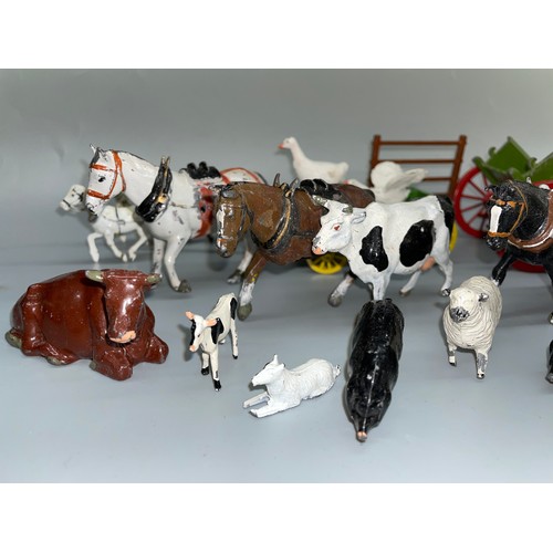 683 - SMALL TUB OF COLD PAINTED METAL HORSES AND FARM ANIMALS, CARRIAGES