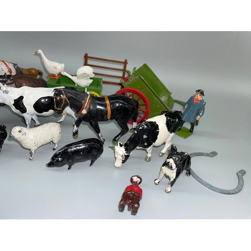 683 - SMALL TUB OF COLD PAINTED METAL HORSES AND FARM ANIMALS, CARRIAGES