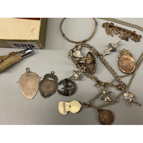 685 - SMALL METAL CHARM BRACELET, ST CHRISTOPHER PENDANT, TALON BROOCH, WRISTWATCH, SILVER SHIELD FOBS