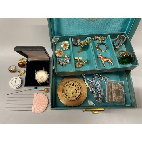 691 - SMALL CASE OF COSTUME JEWLLERY INC POWDER COMPACT, VESTA CASE, WRISTWATCHES, ETC