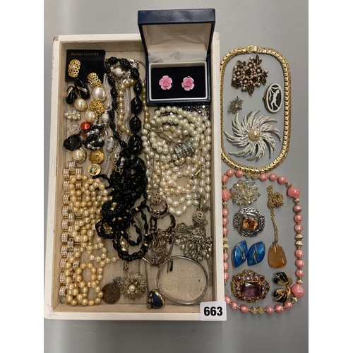 663 - TRAY OF ENAMEL AND OTHER CLIP ON EARRINGS, BROOCHES, BEADS, AND A NECKLACE