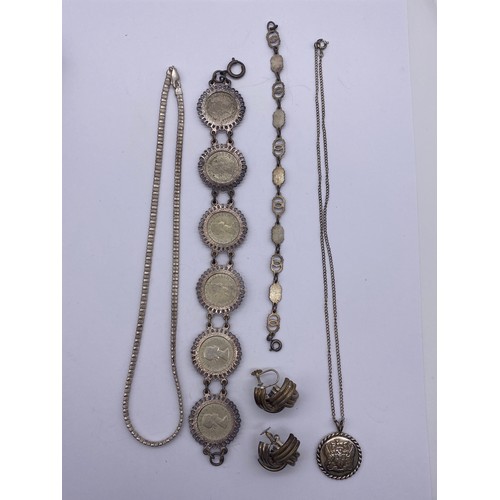 664 - COIN SET BRACELET, SCREW BACK EARRINGS AND CHAIN 2OZ OVERALL