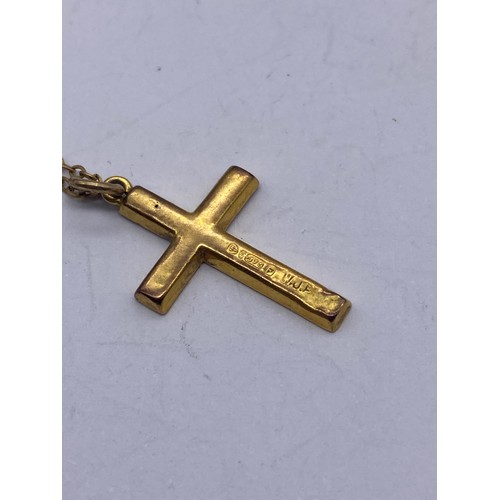 687 - 9CT GOLD CROSS ON TRACE CHAIN AND 9CT GOLD FILIGREE RING 2.4G APPROX