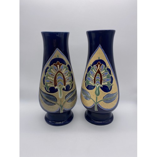 573 - PAIR OF TAPERED STONEWARE ANTHEMIUM DECORATED VASES 33CM