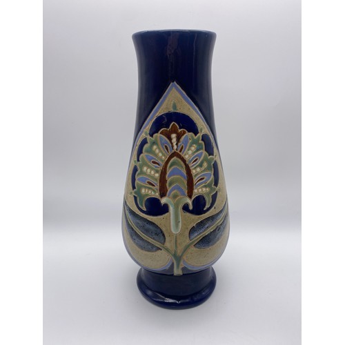 573 - PAIR OF TAPERED STONEWARE ANTHEMIUM DECORATED VASES 33CM