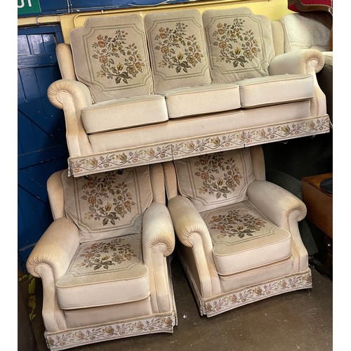 127 - BEIGE THREE SEATER SOFA AND TWO ARMCHAIRS