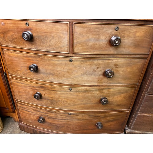 87 - VICTORIAN MAHOGANY BOW FRONT TWO OVER THREE DRAWER CHEST ON PLYNTH BASE