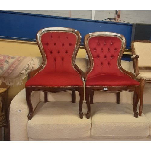 75 - PAIR OF REPRODUCTION RED UPHOLSTERED VICTORIAN STYLE CHAIRS