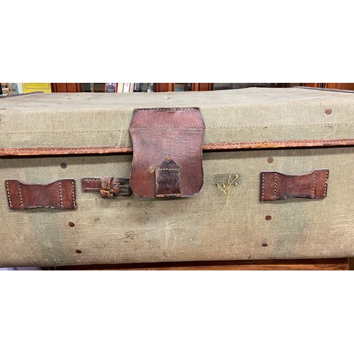 90 - CANVAS AND LEATHER STRAPPED LUGGAGE TRUNK