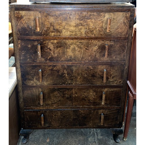 62 - 1930S WALNUT FIVE DRAWER CHEST