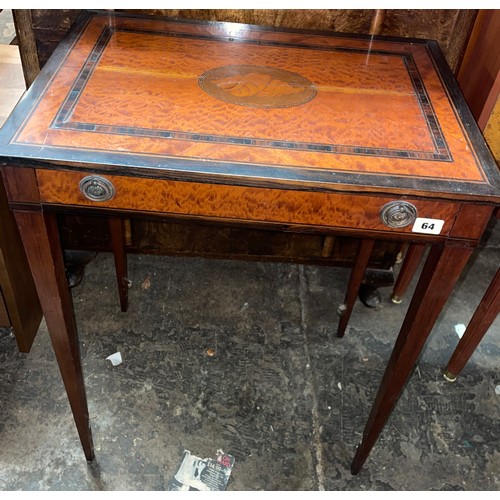 64 - EDWARDIAN SATIN WOOD CROSS BANDED AND INLAID OCCASIONAL TABLE WITH FRIEZE DRAWER STRETCHER A/F