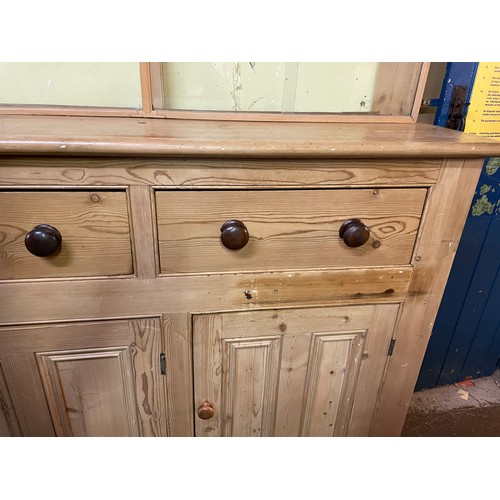 130 - LARGE PINE FARMHOUSE STYLE DOUBLE DRAWER DRESSER WITH GLAZED TOP DOORS