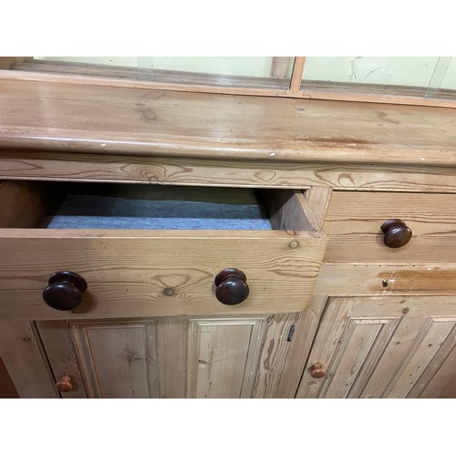 130 - LARGE PINE FARMHOUSE STYLE DOUBLE DRAWER DRESSER WITH GLAZED TOP DOORS