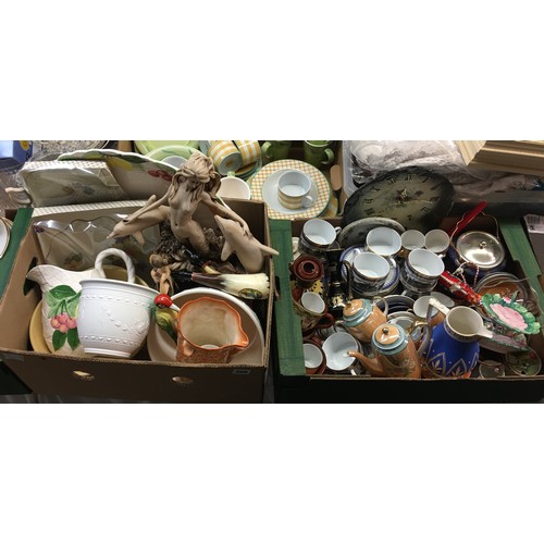 308 - TWO CARTONS CONTAINING RESIN MERMAID FIGURE GROUP, WOOD PECKER JUG, LUSTRE COFFEE SERVICE, AND DRIP ... 