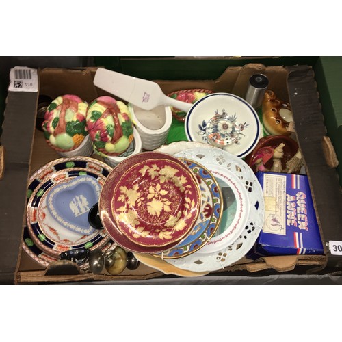 309 - TWO CARTONS CONTAINING EPNS WARE, MINI DUTCH OVENS, PLATES, AND WEDGWOOD