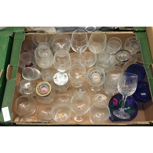 311 - TWO CARTONS OF GLASSWARE INCLUDING BIG PLATTER, PURPLE GOBLETS, AND TANKARDS