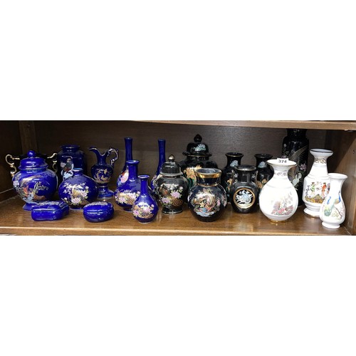 374 - SHELF OF COBALT AND NOIR REPRODUCTION ORIENTAL INSPIRED CERAMICS