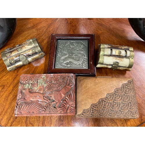 372 - TWO HORN EASTERN BOXES, CARVED SOAP STONE BOX, AND A ROYAL SELANGOR PANEL OF A DRAGON