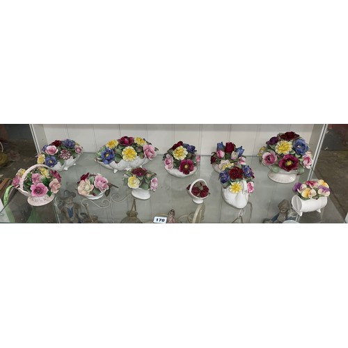 170 - SHELF OF MAINLY AYNSLEY FLORAL ENCRUSTED BASKETS AND BOWLS CENTRE PIECES