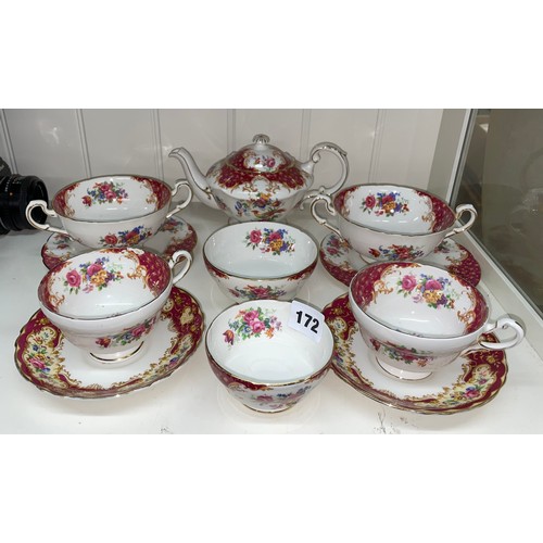 172 - PARAGON ROCKINGHAM BATCHELORS TEAPOT, TEACUPS, SUGAR BOWLS AND TWIN HANDLED DISHES