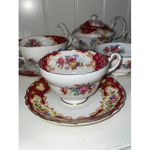 172 - PARAGON ROCKINGHAM BATCHELORS TEAPOT, TEACUPS, SUGAR BOWLS AND TWIN HANDLED DISHES