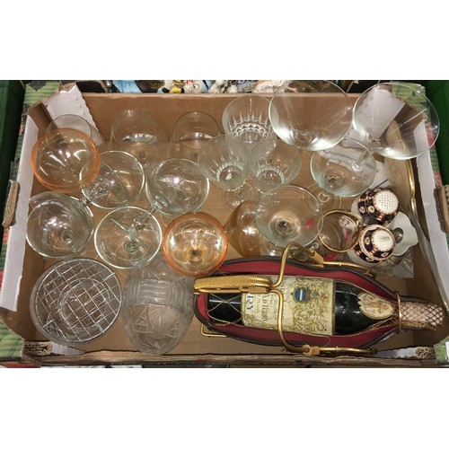 327 - TWO CARTONS - GLASSWARE, POTTERY CHARGERS, BRASS MARTINGALES, NEEDLE POINT BACKED DRESSING TABLE SET